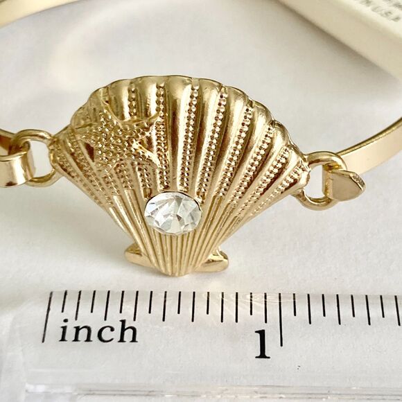 Scallop Sea Shell Bracelet Bangle Nautical Island Beach 7.5" Gold Plated Crystal - Picture 12 of 13
